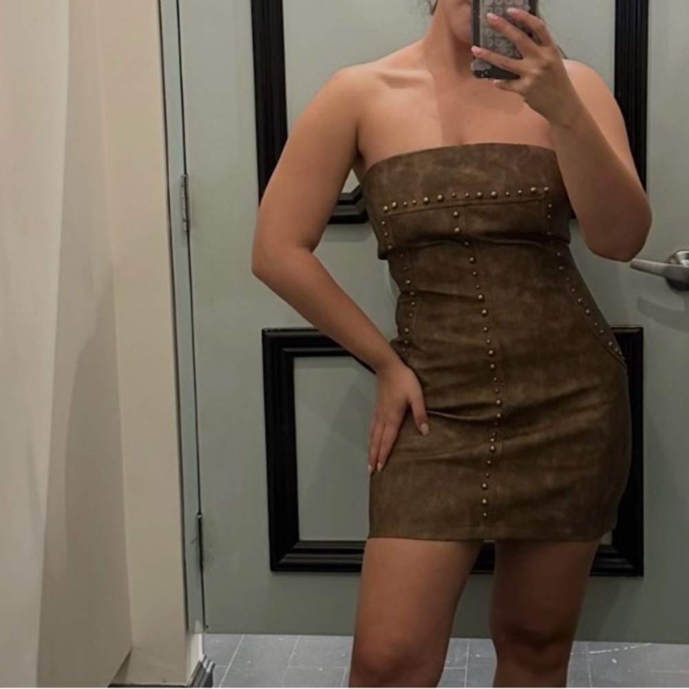 Brown Strapless Studded Dress